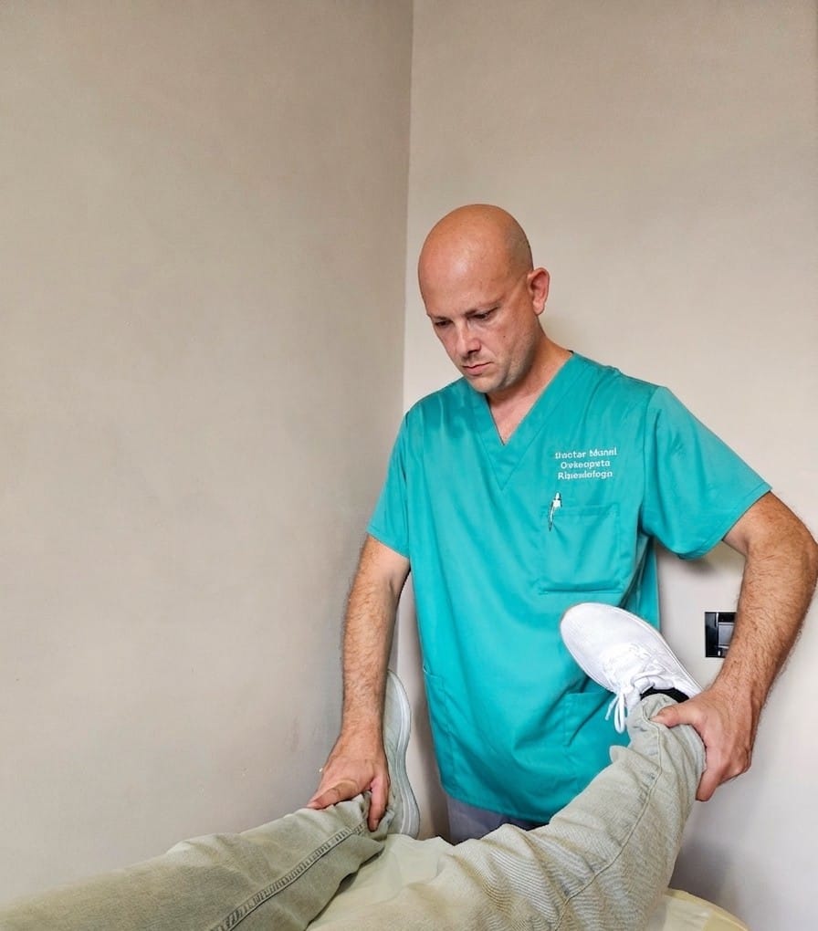 Il Dott. Mansi mobilizza l'arto inferiore di un paziente disteso sul lettino